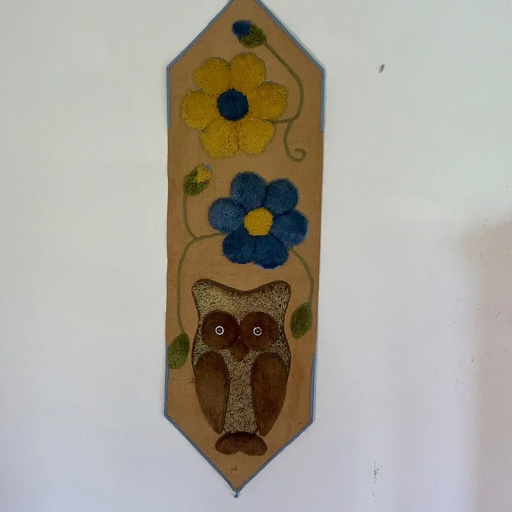 Owl Wall Hanging Vintage Punch‎ Needle Tufted Yarn Burlap Boho 70s Art 42x13